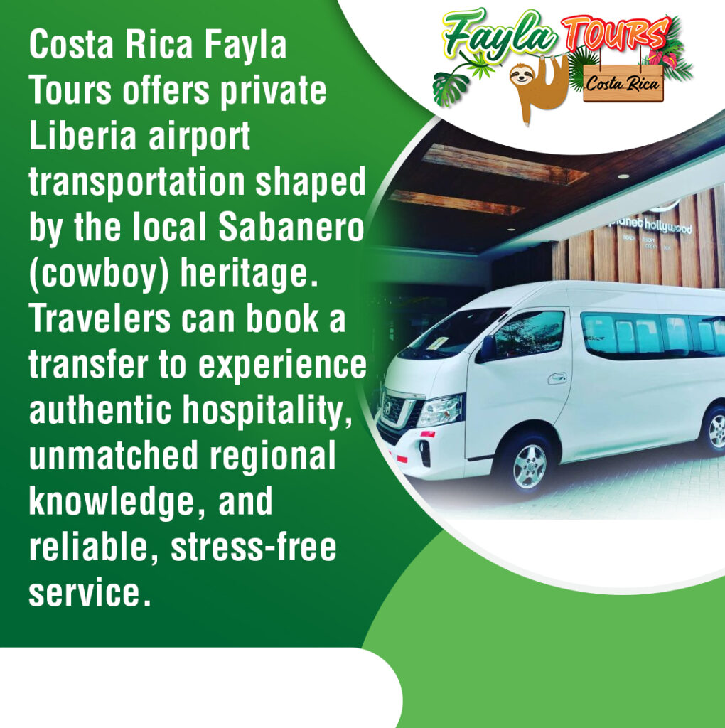 A close-up, angled shot of a white shuttle van parked in front of the Planet Hollywood Costa Rica resort entrance. The van has a license plate with the number 3419 visible on the front bumper. The logo for Fayla Tours is in the top right corner.