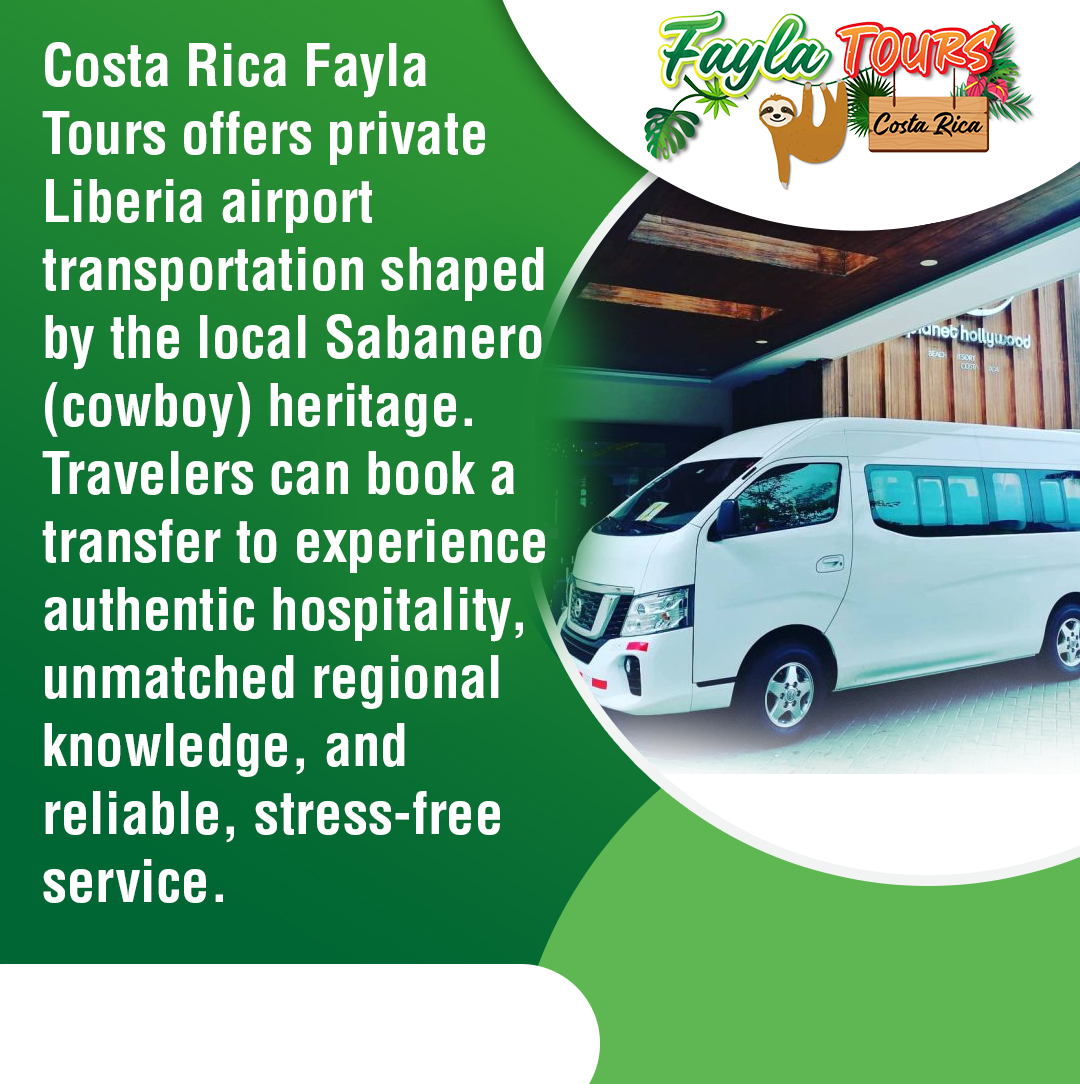 A close-up, angled shot of a white shuttle van parked in front of the Planet Hollywood Costa Rica resort entrance. The van has a license plate with the number 3419 visible on the front bumper. The logo for Fayla Tours is in the top right corner.