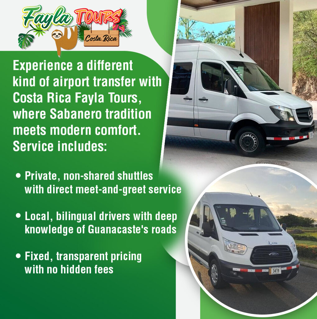 Two images of a white shuttle van from Costa Rica Fayla Tours. The top image shows the van parked at an angle with an open sliding door. The bottom image shows the van from the front, driving on a road. The Fayla Tours logo with a sloth is in the top left corner.