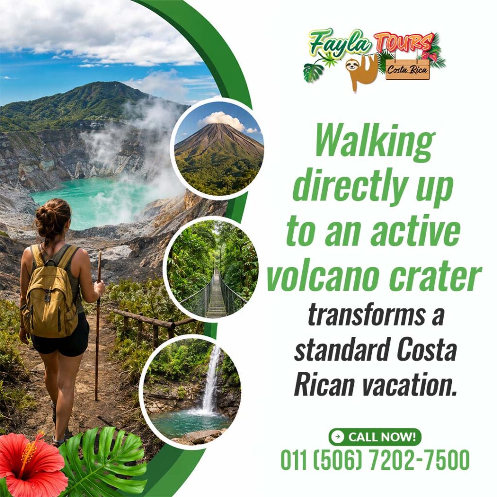 A hiker with a backpack and walking stick overlooking a turquoise volcanic crater lake alongside circular insets of Arenal Volcano, a hanging bridge, and a rainforest waterfall on a Fayla Tours graphic.