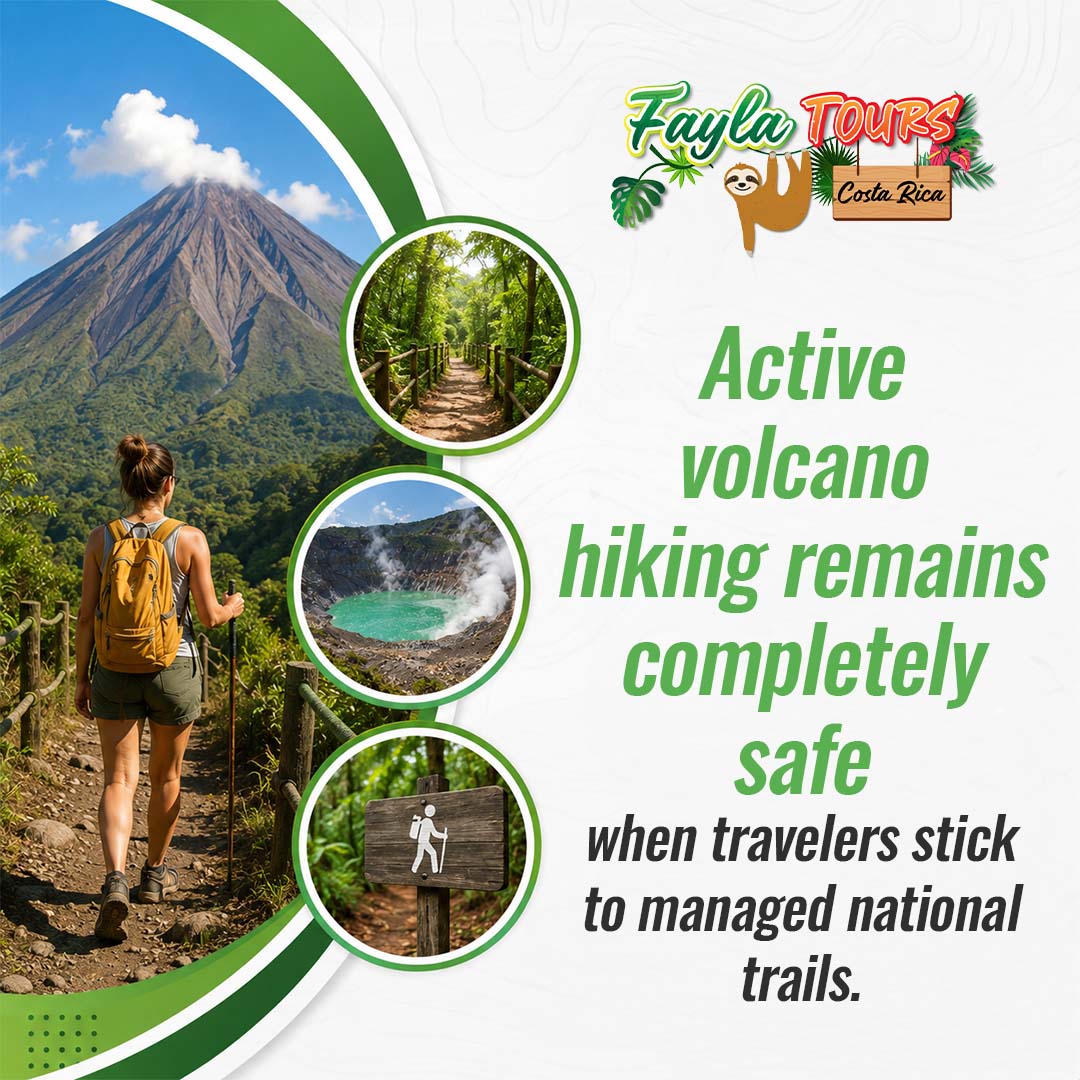 A female hiker on a mountain trail facing Arenal Volcano, with circular inset photos of a rainforest path, a volcano crater lake, and a trail sign on a Fayla Tours graphic.