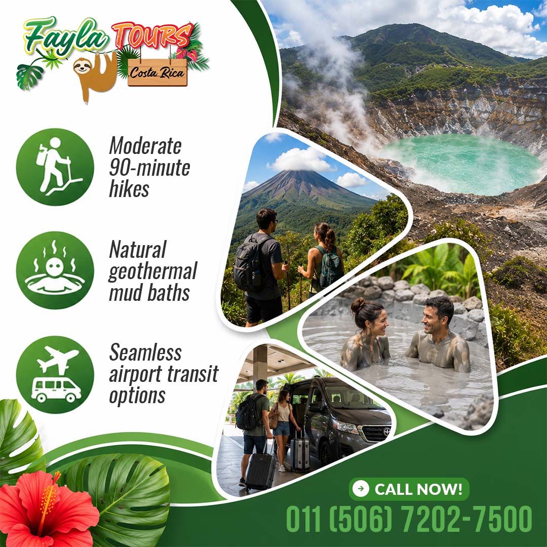 A couple hiking with backpacks towards Arenal Volcano, relaxing in a volcanic mud bath, and loading luggage into an airport shuttle van, showcased on a Fayla Tours promo graphic.